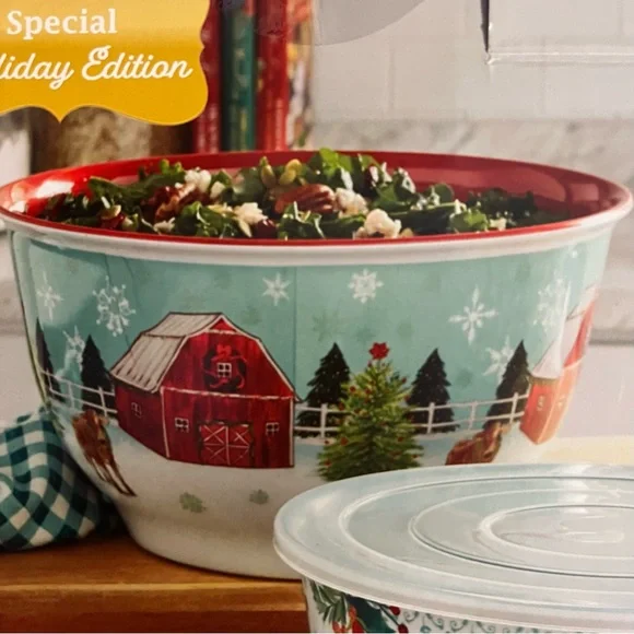 Pioneer Woman Holiday barn melamine nesting serving bowl set with lids farmhouse - Picture 2 of 10